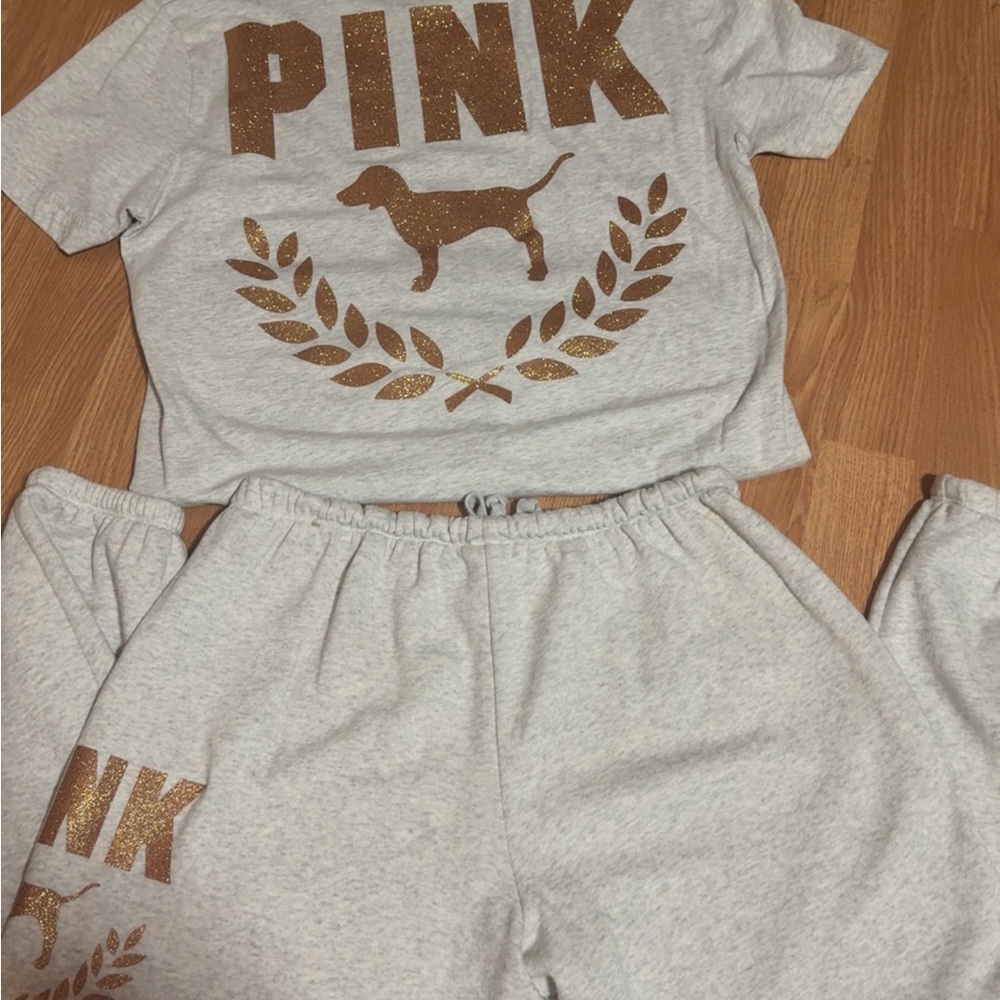 PINK Victoria's Secret Gray Rose Gold Glitter Lounge Set - Picture 3 of 5